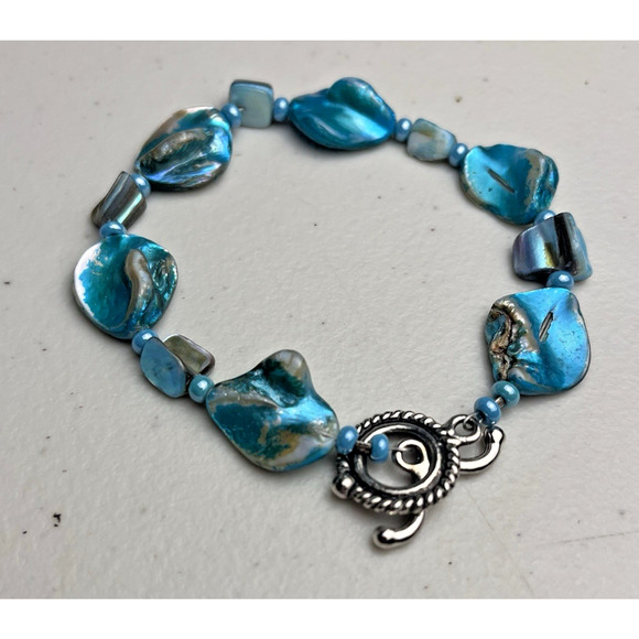 Dyed Blue Shell Necklace Bracelet Set Beaded Costume Jewelry Toggle Clasp Boho - Picture 4 of 16